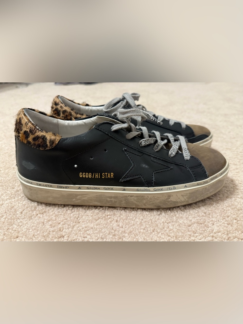Golden Goose Black Leather Hi Star Sneakers with Leopard Heel Accent